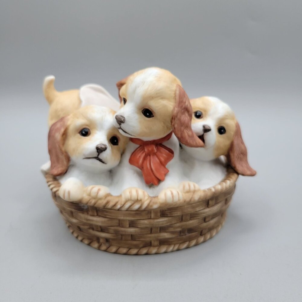 Homco Pups in a Basket Figurine Masterpiece Porcelain Collectible for Dog Lovers